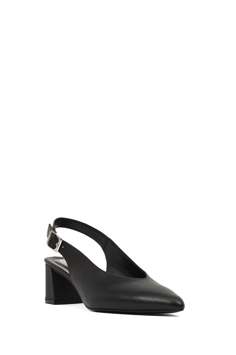 Women's Black Open Back Chunky Heel Leather Shoes