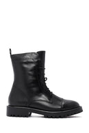 Women's Black Lace-Up Zipper Detailed Leather Combat Boots | Derimod