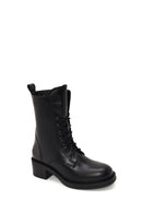 Woman Black Zip Closure Lace-Up Chunky-Heeled Leather Combat Boots | Derimod