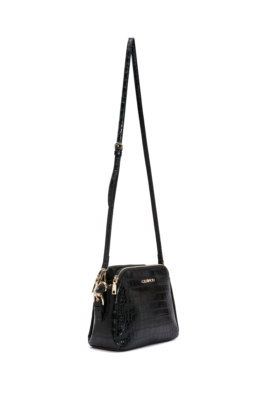 Women's Black Long Strap Crocodile Patterned Crossbody Bag
