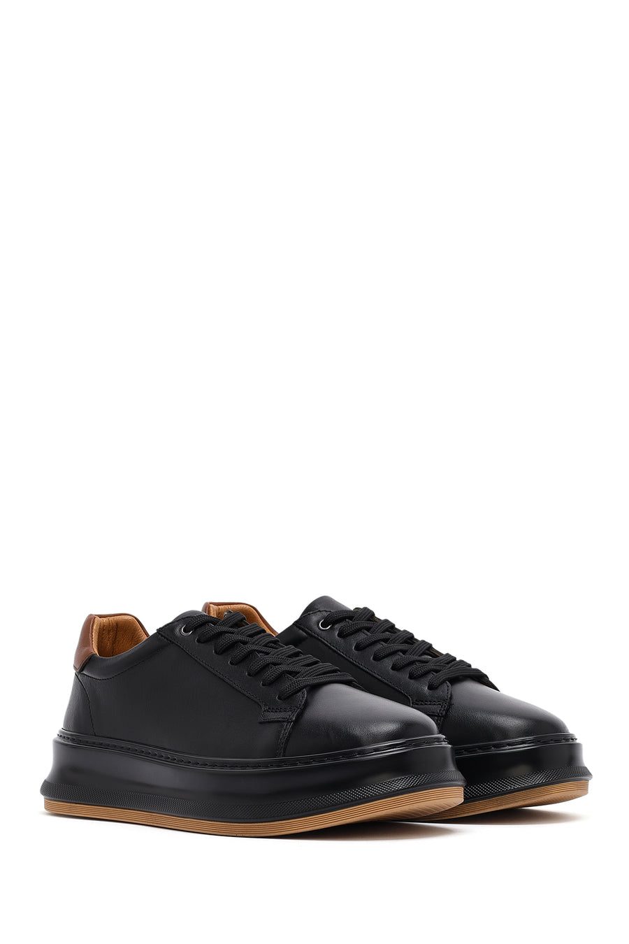 Men's Black Lace-up Thick-Sole Leather Sneaker