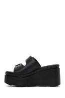 Women's Black Double Buckle Wedge Heeled Slippers | Derimod