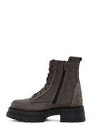 Women's Mink Lace-Up Double Zipper Detailed Thick-Soled Nubuck Leather Combat Boots | Derimod