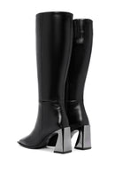 Women's Black Zippered High Heel Leather Boots | Derimod