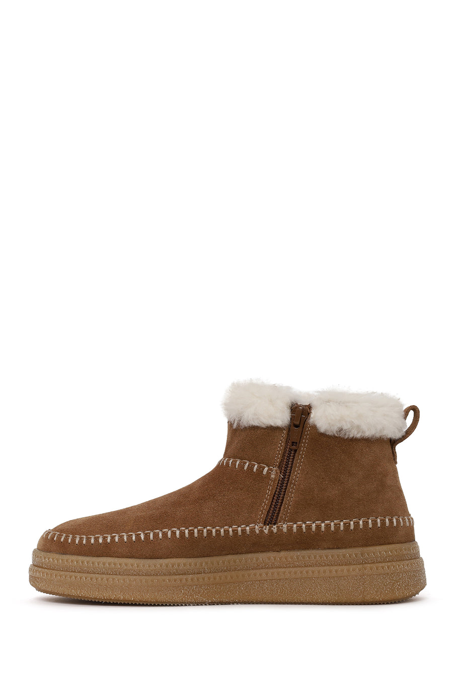 Woman Tan Zip Closure Chunky Sole Suede Teddy Boots