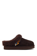 Woman Brown Stone-Embellished Suede Teddy Slipper | Derimod