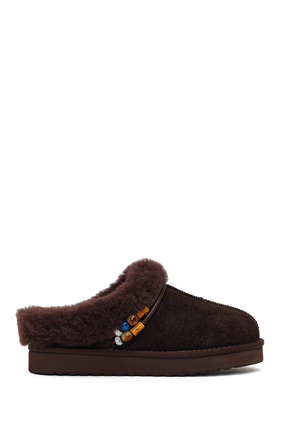 Woman Brown Stone-Embellished Suede Teddy Slipper WF530036DS | Derimod