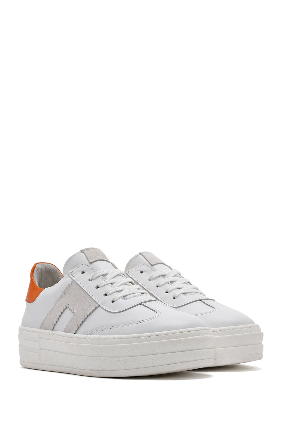 Women's White Lace-up Thick-Sole Leather Sneaker