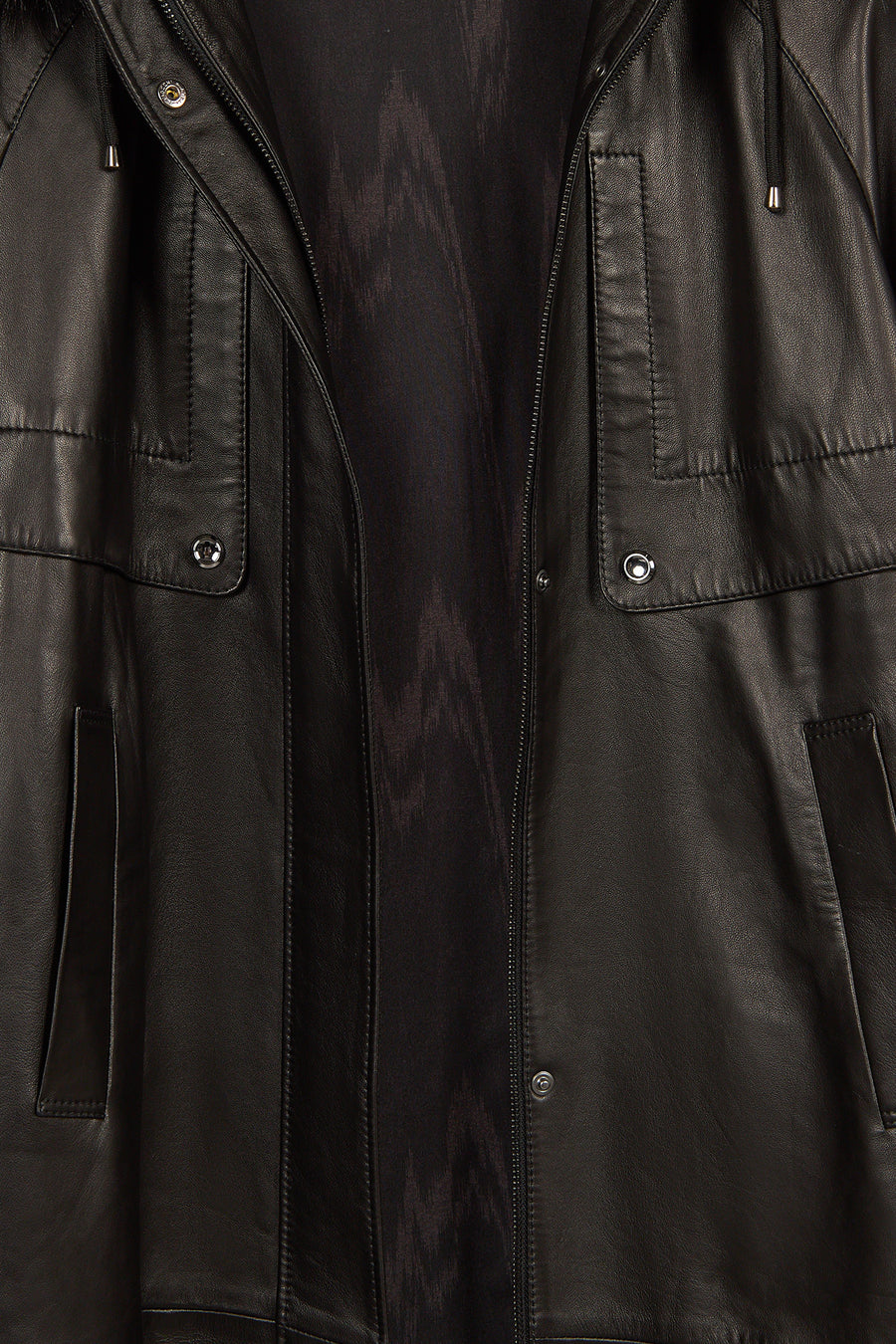 Adele Woman Black A-Line Hooded Fur Collar Leather Overcoat