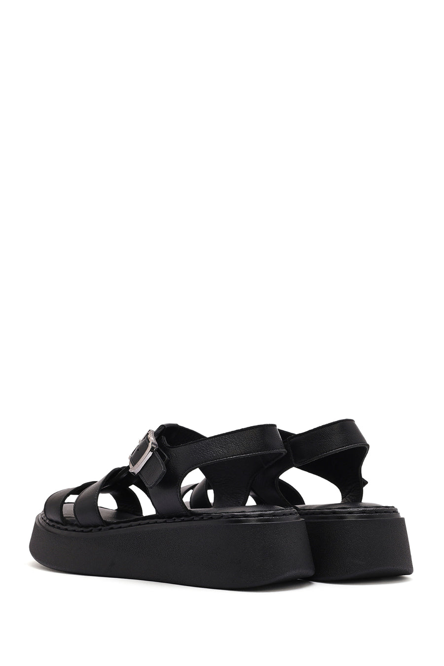 Women's Black Buckled Thick Soled Leather Comfort Sandals