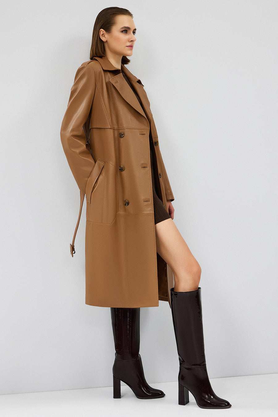 Natalia Women's Brown Leather Trench Coat