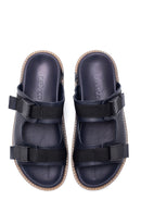 Men's Navy Blue Leather Slippers | Derimod