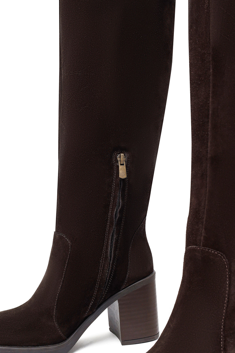 Woman Brown Zippered Chunky Heel Suede Leather Boot