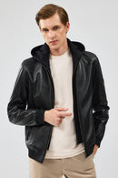 Niko Men's Black Hooded Leather Jacket | Derimod