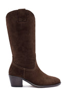 Women's Brown Chunky Heel Suede Leather Cowboy Boots | Derimod