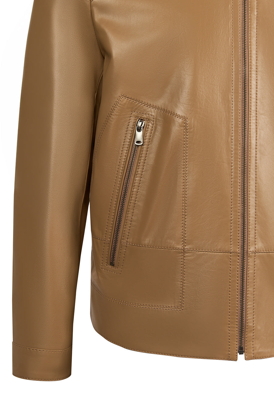 King Male Beige Mandarin Collar Leather Jacket