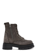 Women's Mink Lace-Up Double Zipper Detailed Thick-Soled Nubuck Leather Combat Boots | Derimod