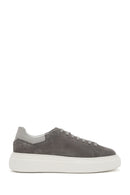 Men's Grey Lace-Up Thick-Sole Suede Leather Sneakers | Derimod