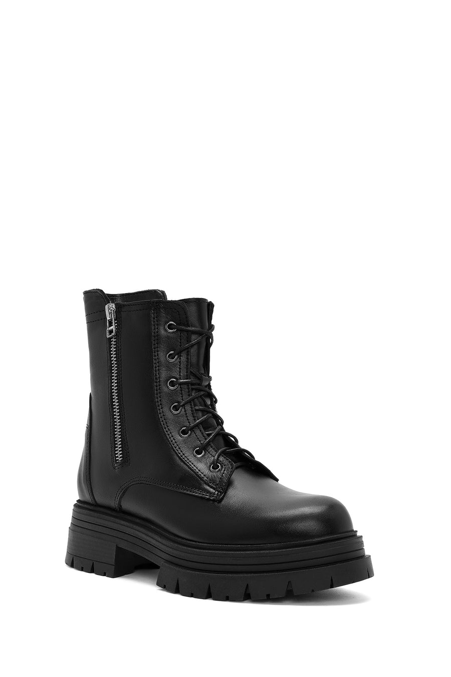Women's Black Double Zipper Lace-Up Leather Combat Boots
