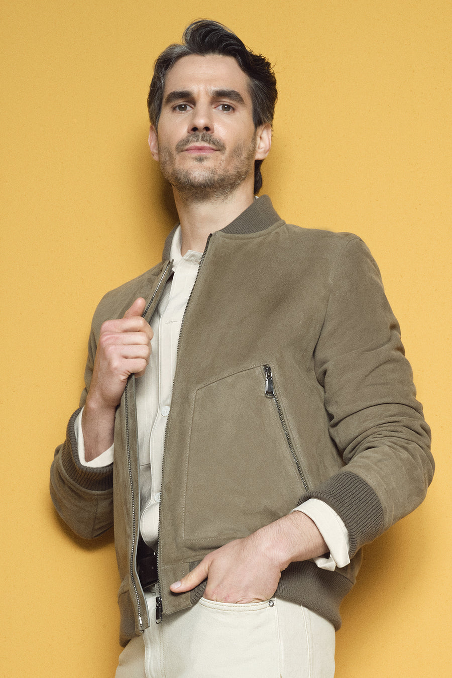 Foden Men's Green Zippered Knitted Suede Leather Jacket