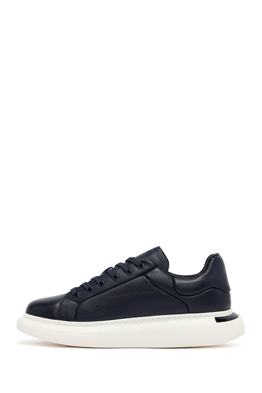 Men's Navy Blue Lace-Up Thick-Soled Leather Sneakers