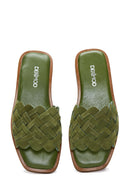 Women's Green Suede Leather Knitted Flat Slippers | Derimod