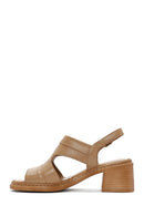 Women's Camel Thick Heeled Leather Sandals with Ankle Strap | Derimod