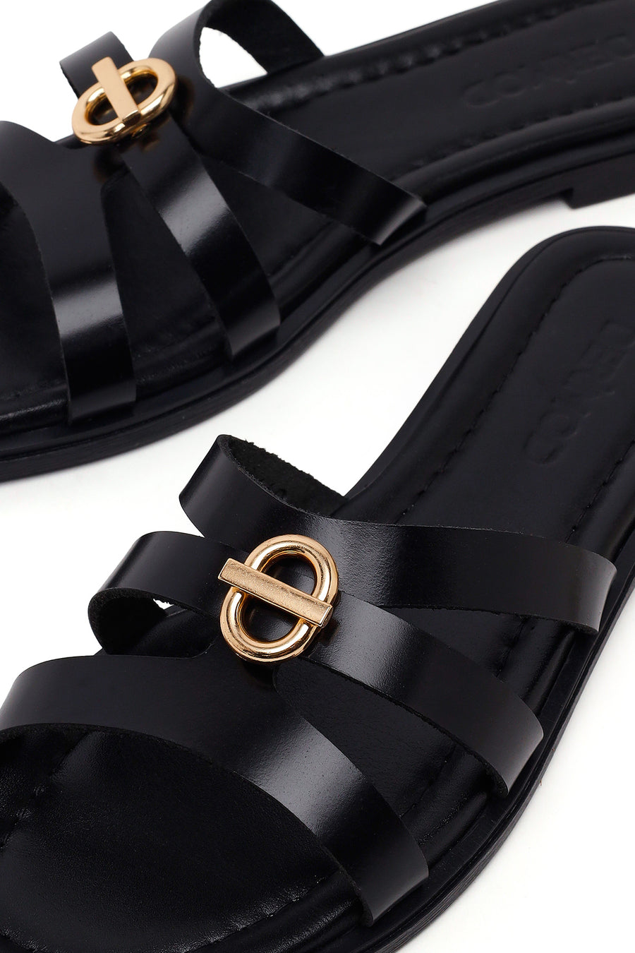 Woman Black Buckled Leather Slippers