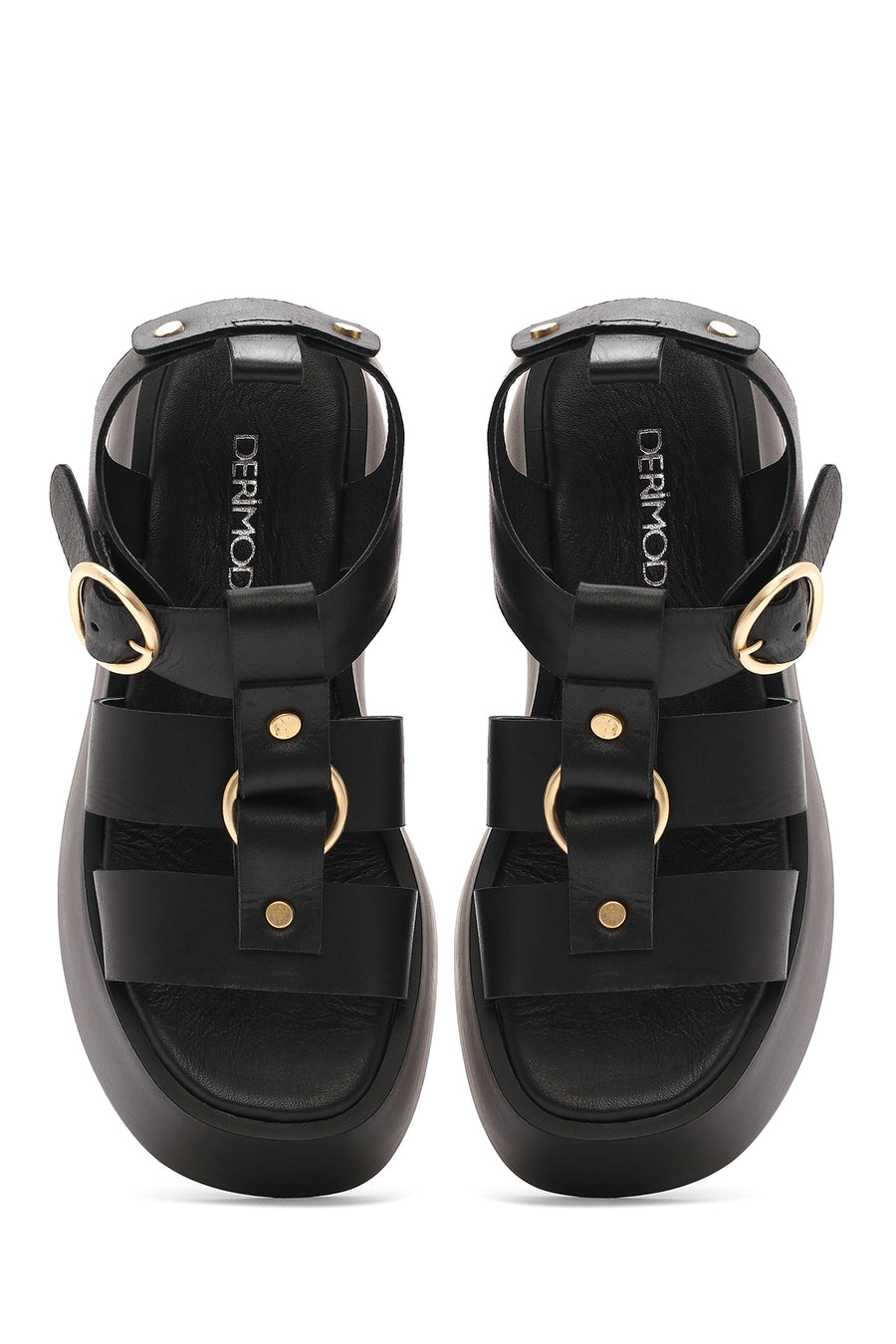 Women's Black Ankle Strap Thick Soled Leather Sandals