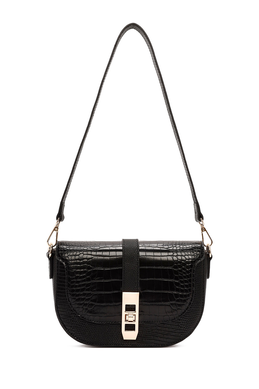 Women's Black Long Strap Crocodile Patterned Shoulder Bag