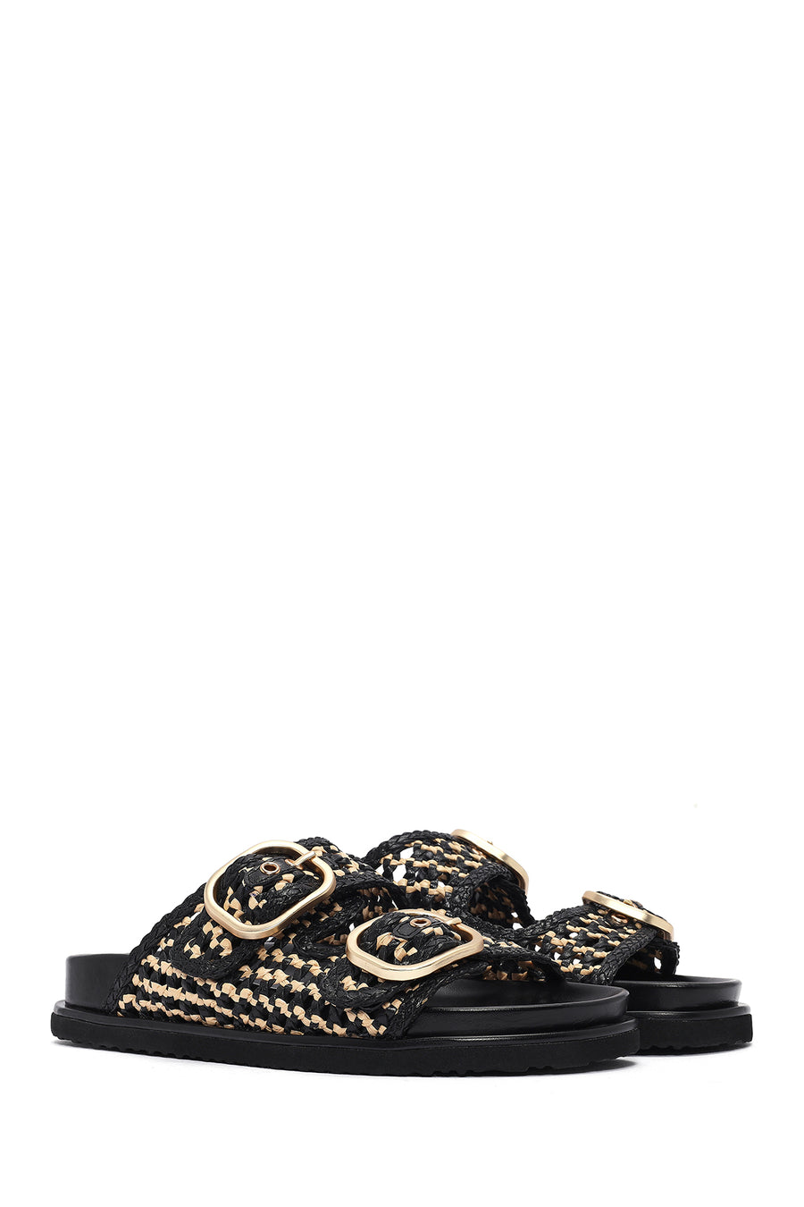 Women's Black Double Buckle Straw Leather Slippers