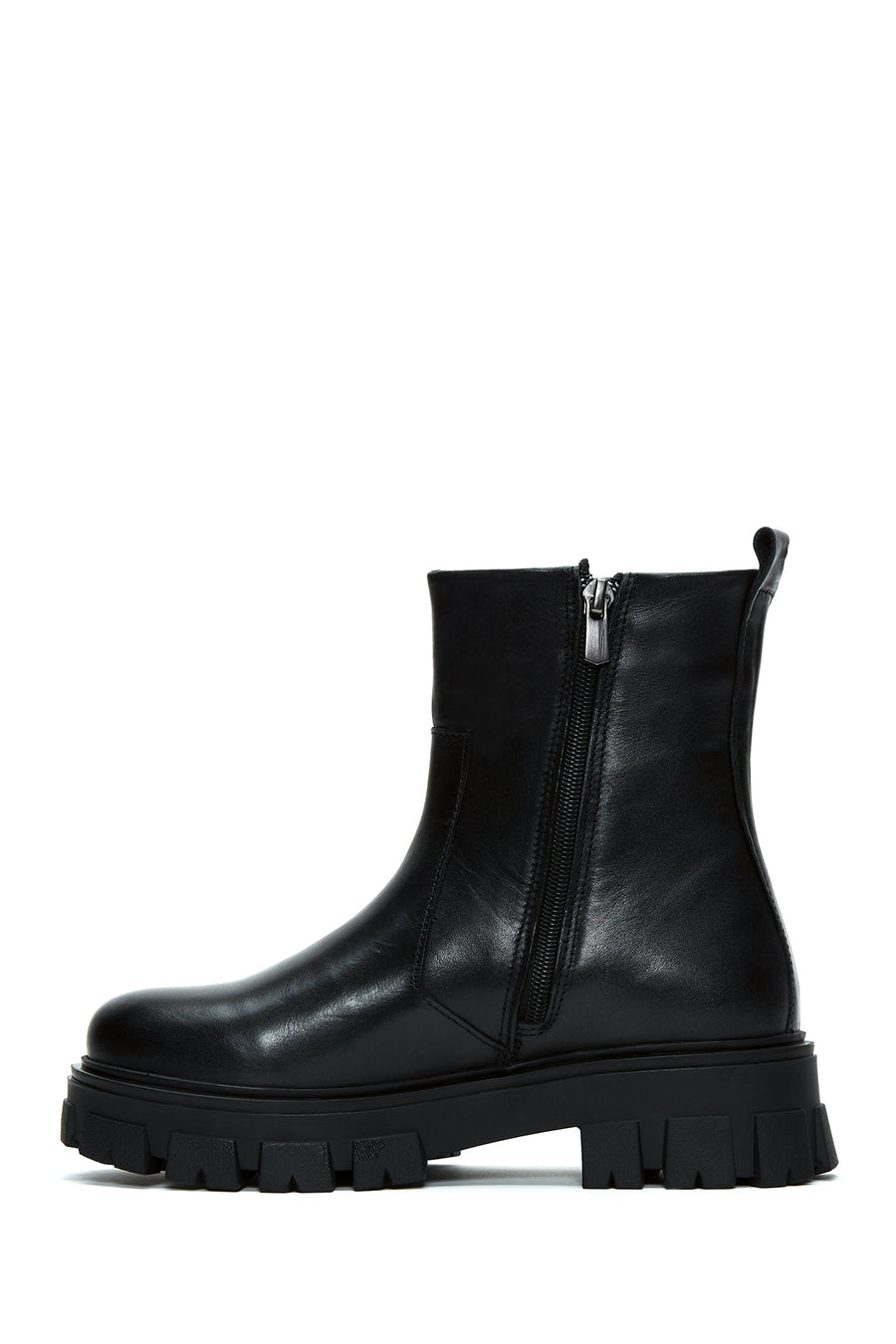 Women's Black Zippered Thick-Sole Leather Boots