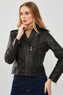 London Women's Black Biker Leather Jacket | Derimod