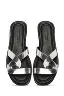 Women's Grey Metallic Leather Slippers | Derimod