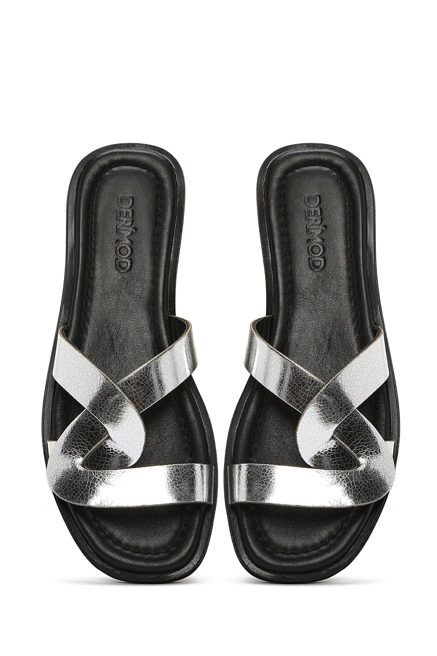 Women's Grey Metallic Leather Slippers