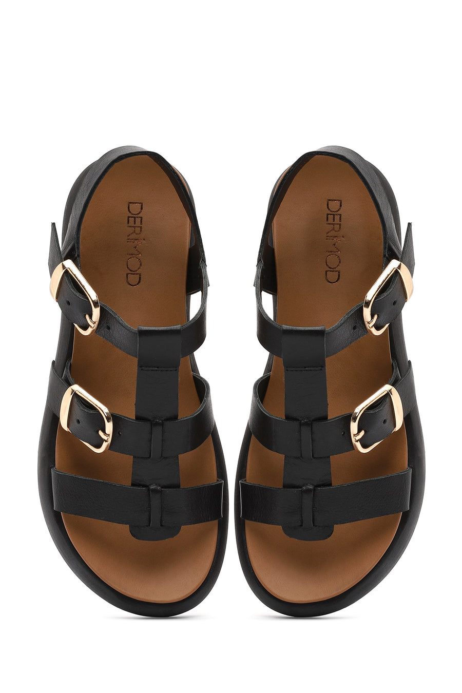 Women's Black Buckled Thick Soled Leather Sandals