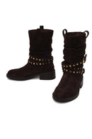 Woman Brown Suede Biker Boots | Derimod