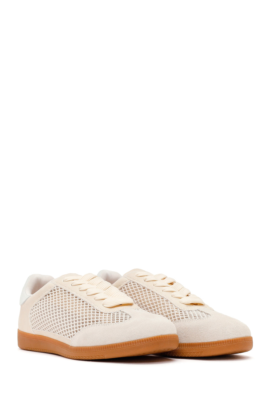 Women's Beige Lace-Up Mesh Suede Leather Sneaker