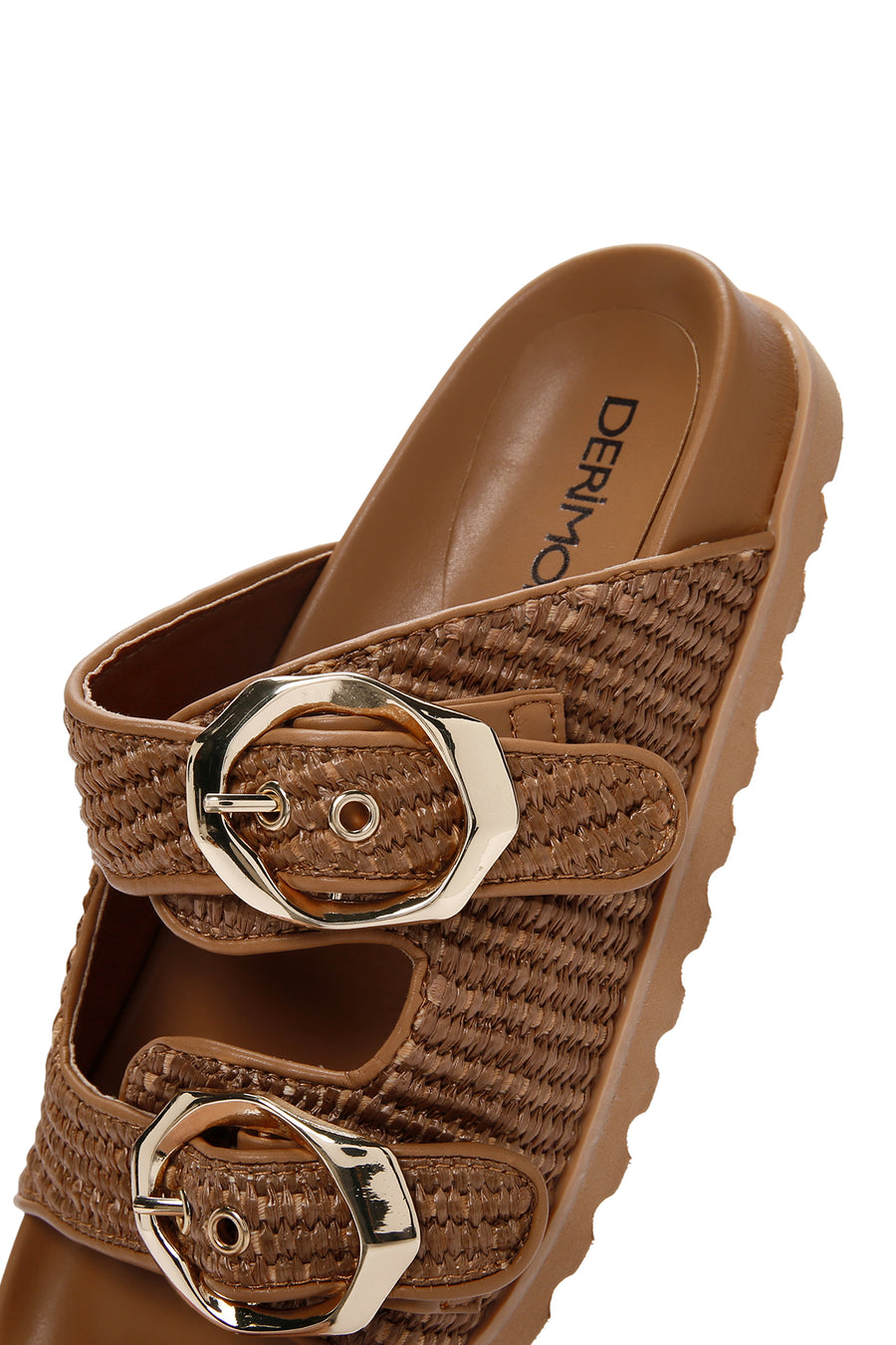 Women's Tan Double Buckle Straw Slippers