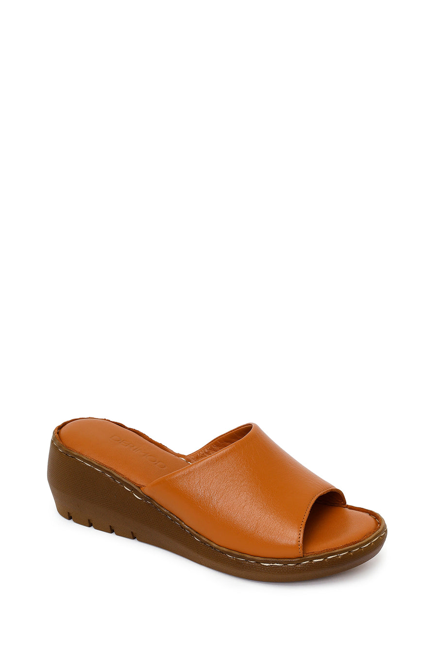 Woman Tan Wedge Heel Leather Comfort Slipper