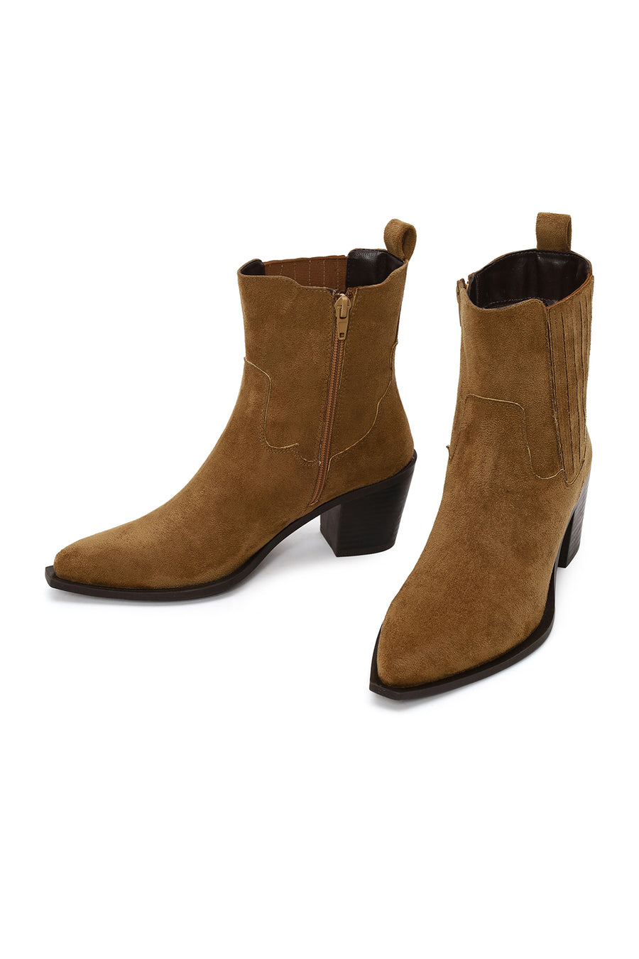 Woman Tan Zip Closure Chunky Heeled Suede Boots
