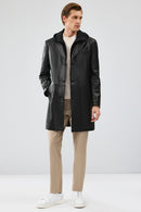 Dias Men's Black Long Hooded Leather Trench Coat | Derimod