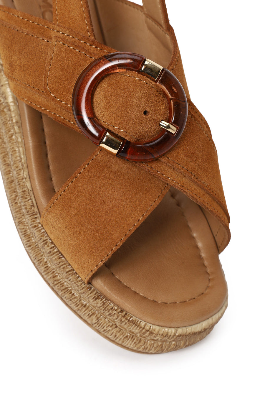 Woman Tan Buckled Wedge-Heel Suede Sandal