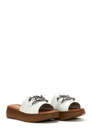 Women's White Leather Thick Soled Slippers | Derimod