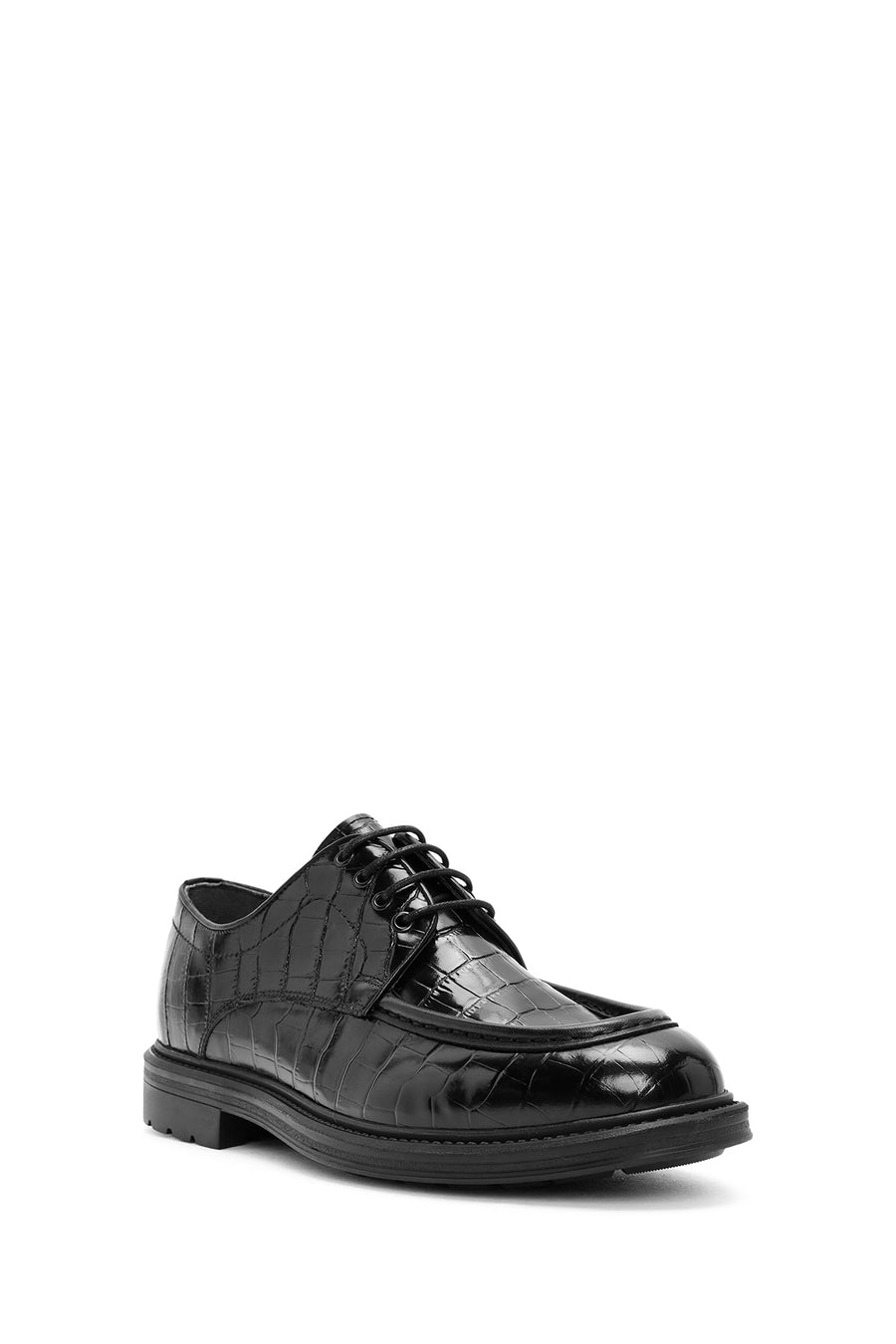 Men's Black Lace-Up Crocodile Patterned Leather Casual Shoes