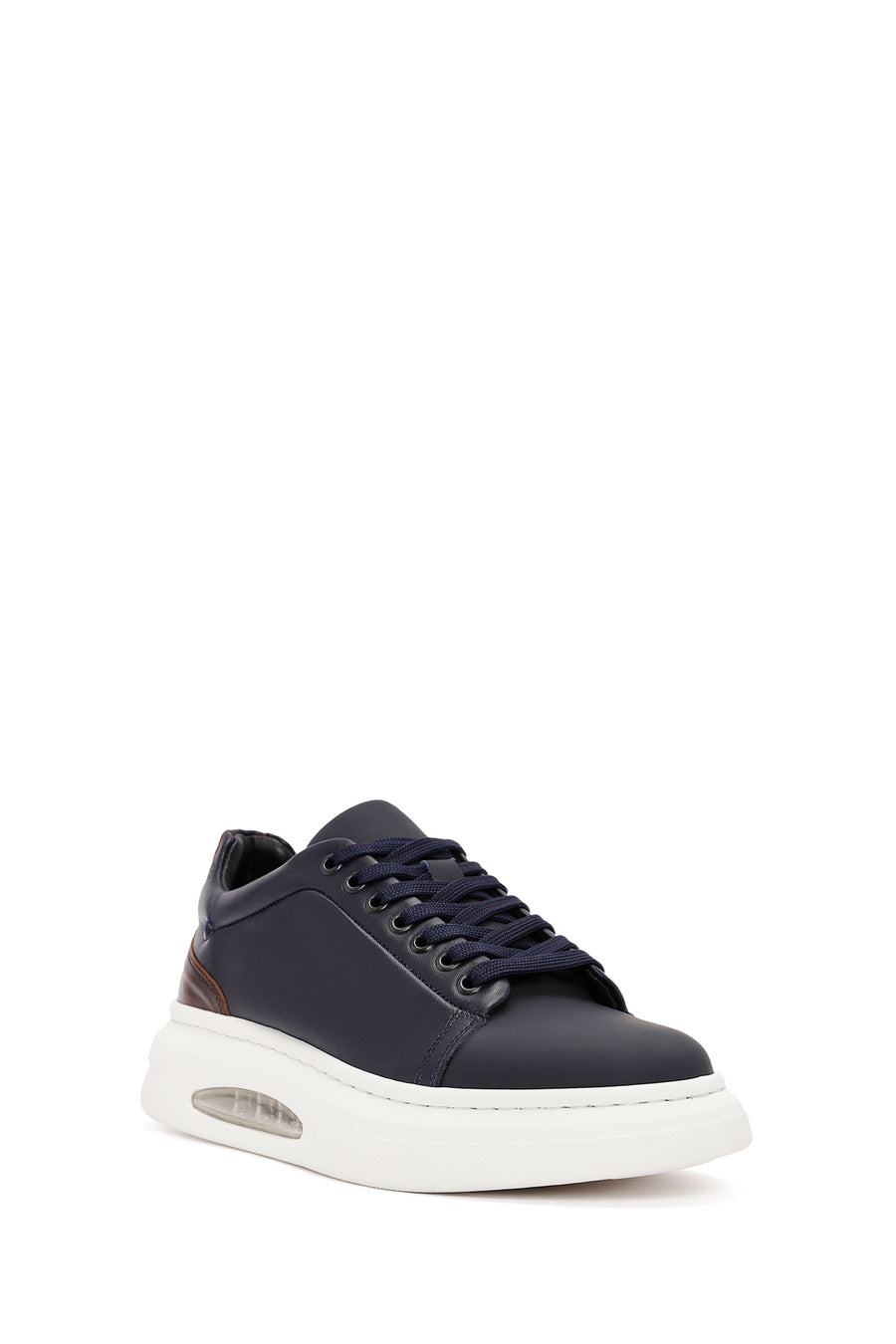 Erkek Lacivert Bağcıklı Kalın Tabanlı Deri Sneaker