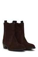 Woman Brown Chunky Heeled Suede Leather Cowboy Boots | Derimod