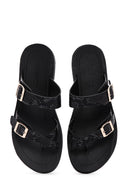 Women's Black Double Buckle Flip Flops | Derimod