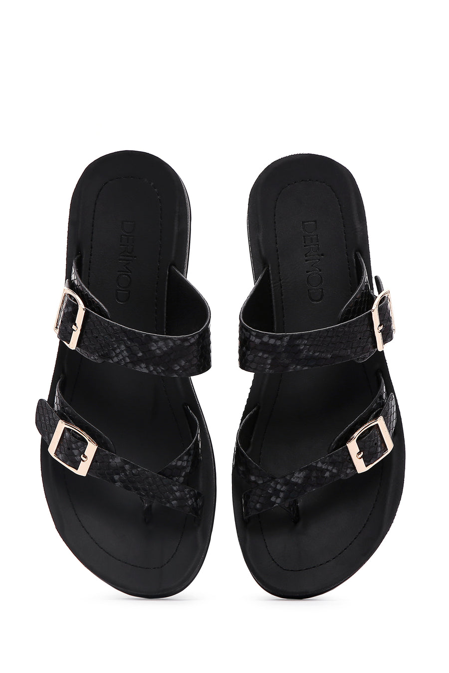 Women's Black Double Buckle Flip Flops