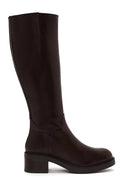 Woman Brown Zip Closure Thick-Heeled Leather Boots | Derimod